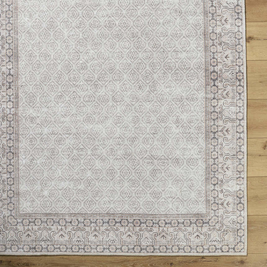 Close-up of Rainier Cottage Border Beige Washable Rug featuring a farmhouse-style border and diamond pattern. Swatch