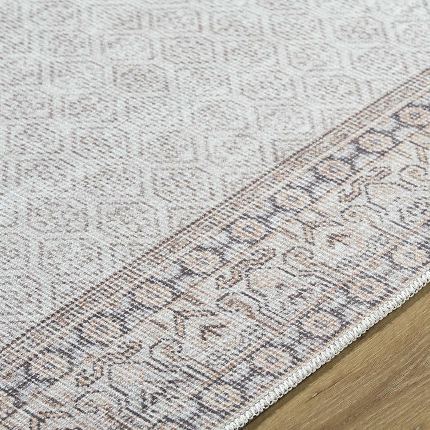 Close-up of the Rainier Cottage Border Beige Washable Rug showing its farmhouse style border pattern and soft neutral colors. Texture