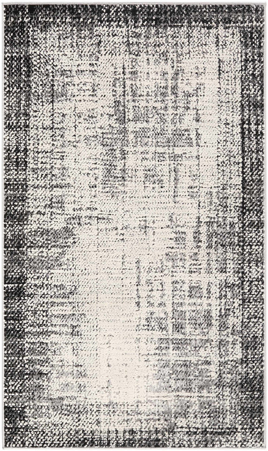 Close-up of the Colson Gray Area Rug, featuring a contemporary light silver, onyx, and gray abstract pattern. Design-Rectangle-237