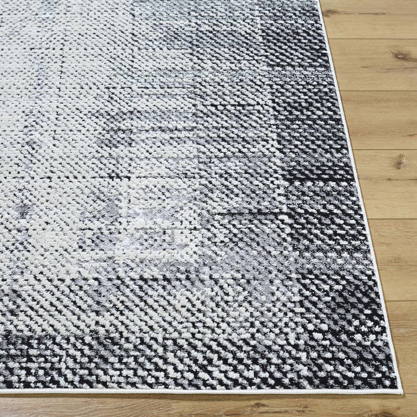 Close-up of the Colson Gray Area Rug showing its light silver, onyx, and silver gray textured pattern. Front