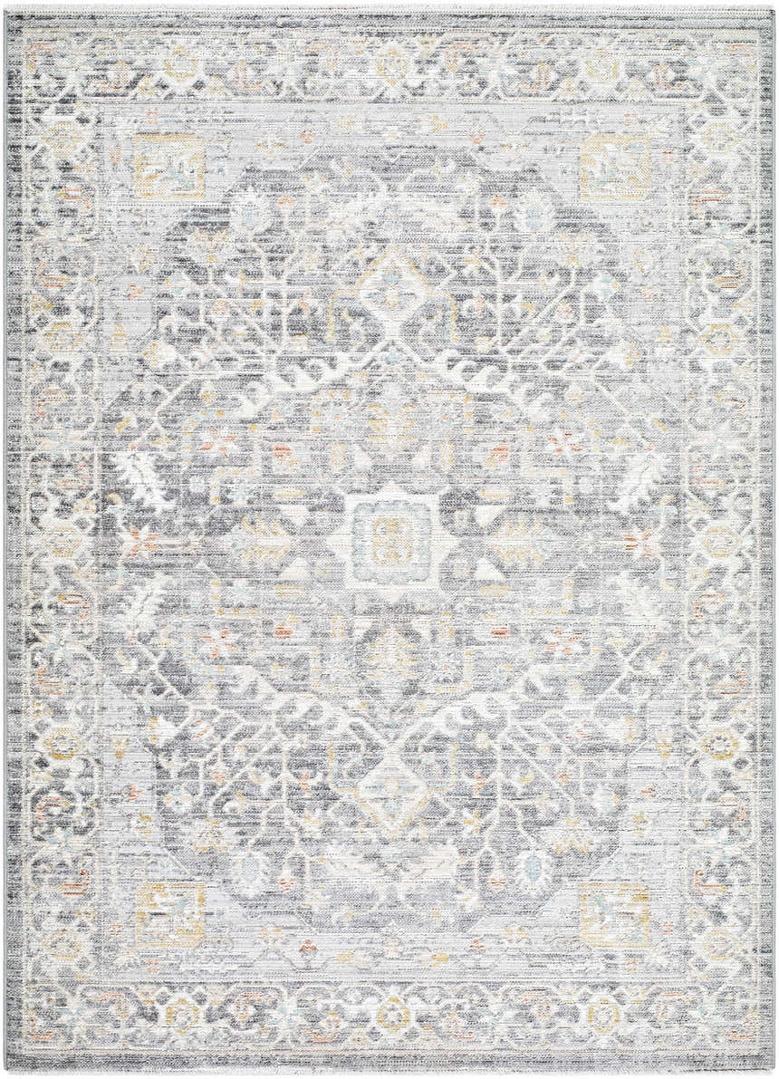 Close-up of the Xiye Silver Medallion Rug. Machine woven polypropylene rug with farmhouse, traditional style. Rectangle shape. Design-Rectangle-537