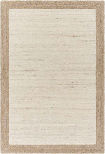 Close-up of the Chasen Tufted Wool Area Rug. Beige rug with a sandstone border. Farmhouse style with a textured design. Design-Rectangle-576