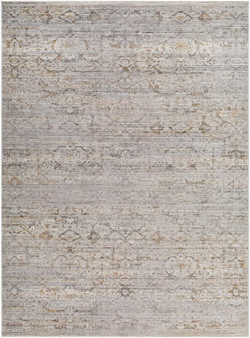 Close-up of the Cemile Area Rug. Machine-woven polyester rug in black, gray, ivory, medium brown, and taupe. Farmhouse style. Design-Rectangle-679