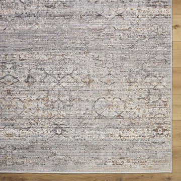 Close-up of the Cemile Area Rug. Machine-woven polyester rug in black, gray, ivory, brown, and taupe. Traditional farmhouse style. Swatch