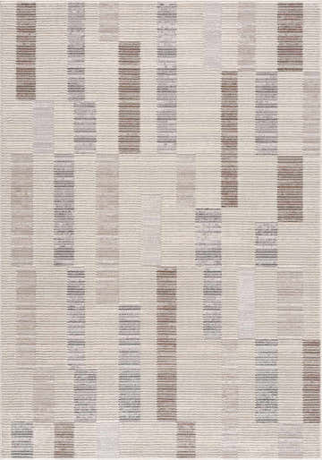 Close-up of the Chouko area rug showcasing its beige, brown, and silver gray broken-striped pattern and textured weave. Design-Rectangle-5373