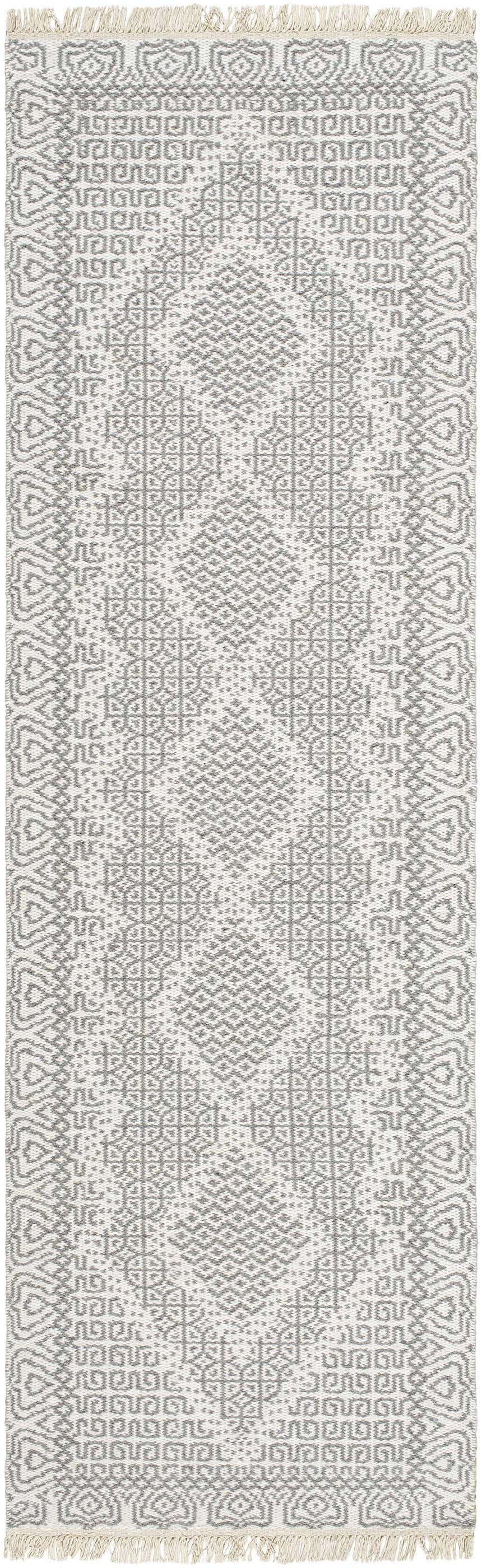 Hand woven Claus Area Rug in bone and cloud gray. Farmhouse style wool runner with geometric pattern. Design-Runner-268