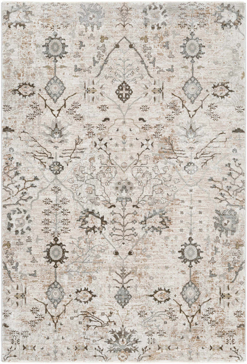 Close-up of the Claydon Thick Luxe Oushak Rug. Beige rug with gray, olive, and taupe floral and oriental pattern. Design-Rectangle-575