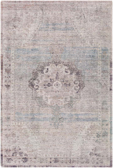 Close-up of the Cassia Area Rug. Farmhouse style rug in dusty rose, mauve, sage, sky blue, and taupe. Hand tufted polyester. Design-Rectangle-576