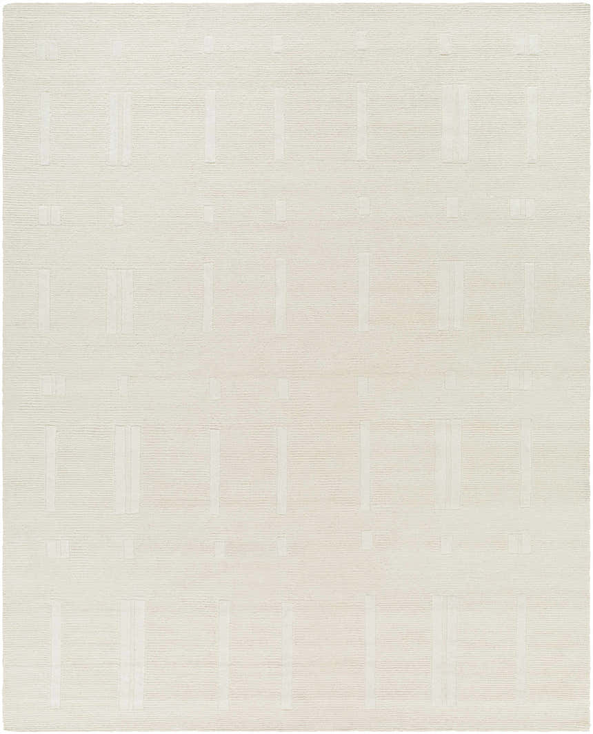 Close-up of the hand-tufted Charan Ivory Cream area rug featuring a contemporary, textured, geometric pattern. Design-Rectangle-810
