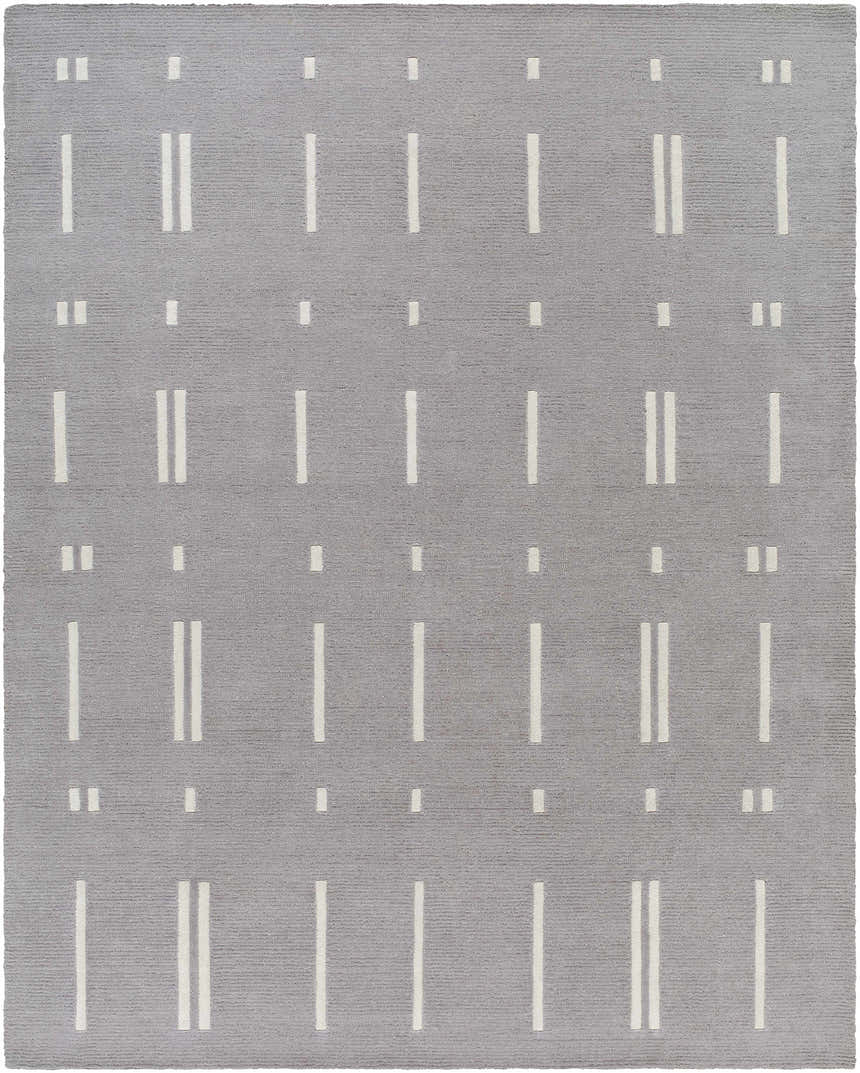 Hand-tufted Charan Slate Gray Area Rug. Contemporary design with ivory geometric dashes on a slate gray wool rug. Design-Rectangle-810