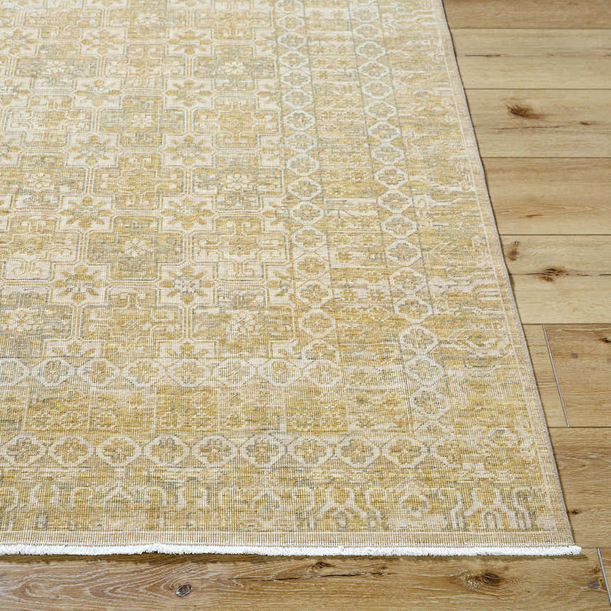 Close-up of the Becki Tan Owens x Livabliss Renaissance Area Rug. Beige, tan, and taupe farmhouse style wool rug. Front