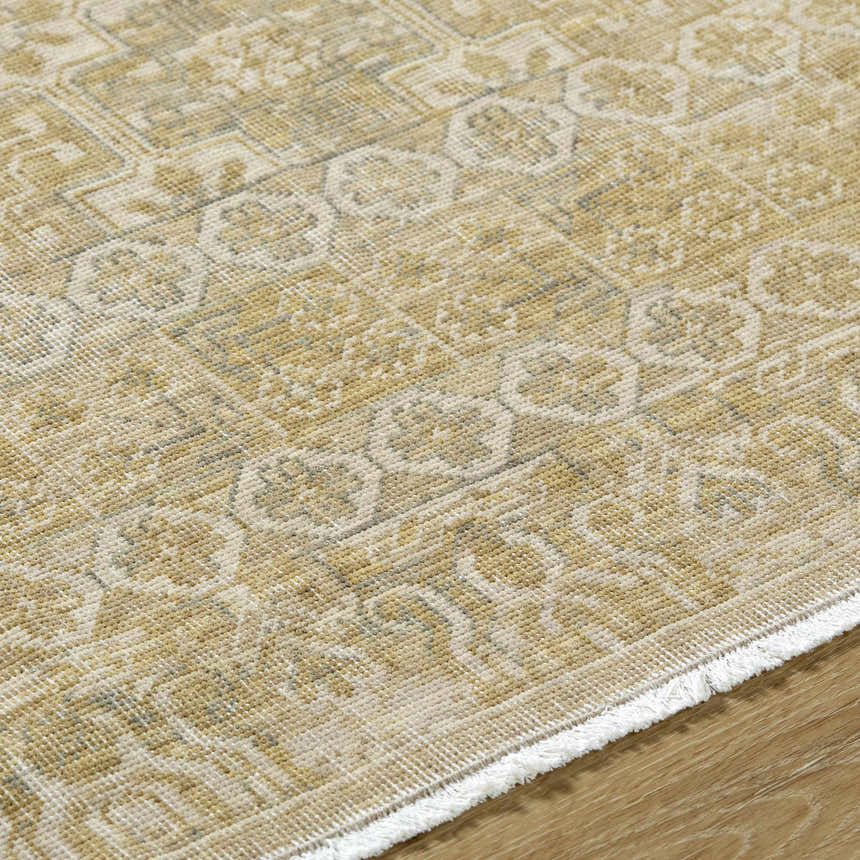 Close up of Becki Tan Owens x Livabliss Renaissance Area Rug. Beige, tan, and taupe wool rug with traditional pattern. Texture