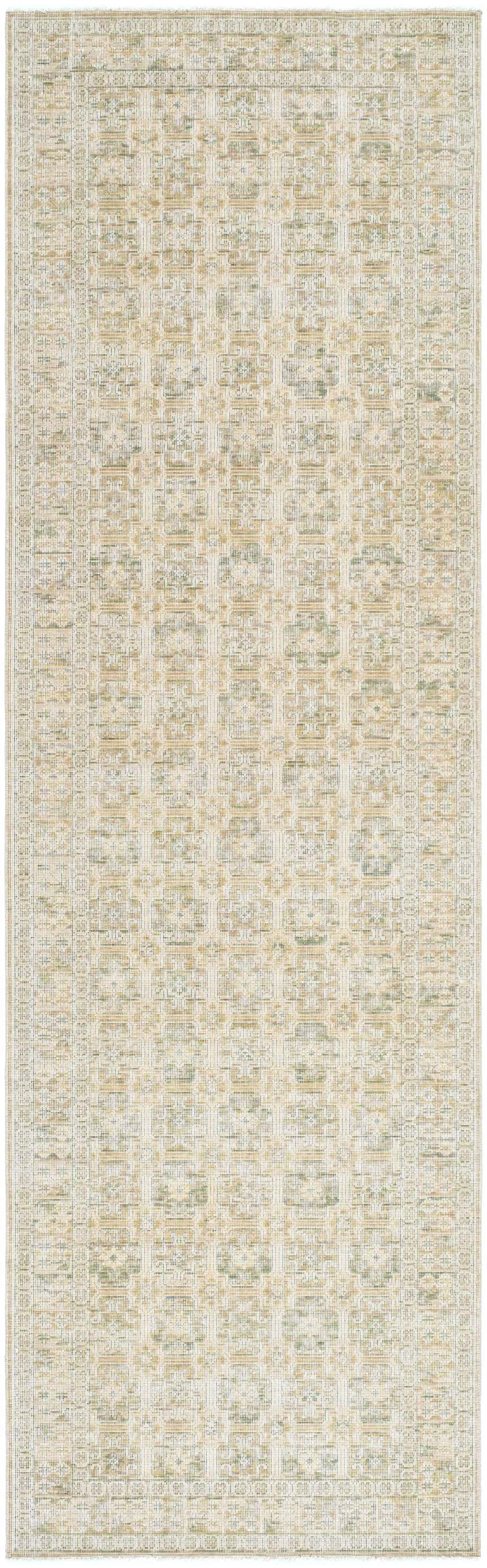 Becki Owens x Livabliss Renaissance BORI-2304 runner rug with a traditional beige, olive, tan, and taupe pattern. Design-Runner
