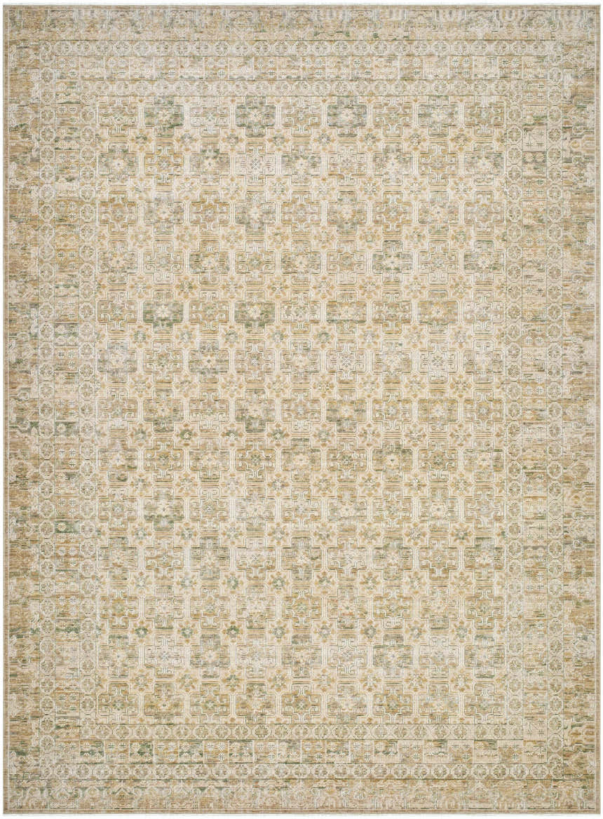 Close-up of Becki Owens x Livabliss Renaissance BORI-2304 rug. Beige, olive, tan, and taupe traditional pattern. Design-Rectangle-810