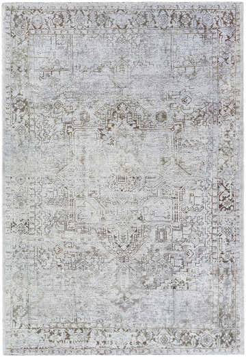 Close-up of the Clodia Area Rug. Hand-tufted polyester rug in charcoal, ivory, silver gray, and taupe with a traditional pattern. Design-Rectangle-576