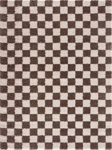 Close-up of the Canika Brown Washable Checkered Area Rug. Features a dark brown and peach checkered pattern and soft texture. Design-Rectangle-537