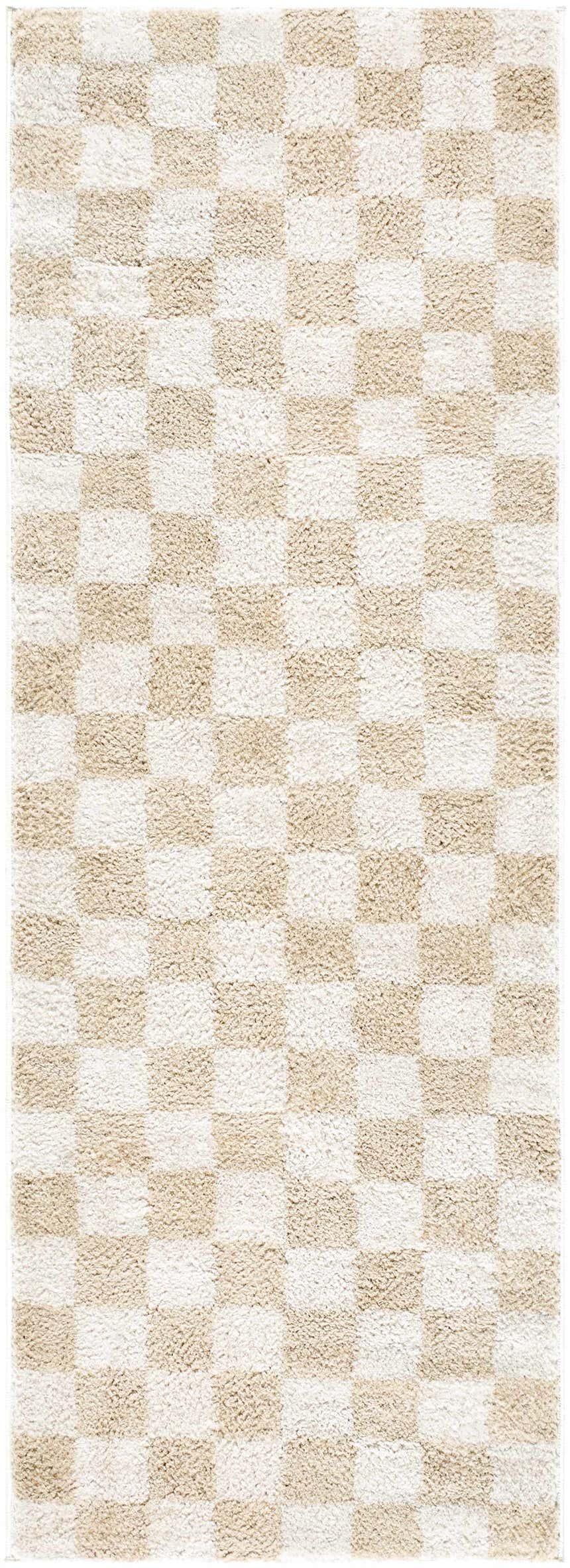 Close-up of the Canika Checkered Cream Washable Area Rug, featuring a beige and cream checkerboard pattern. Design-Runner-2773