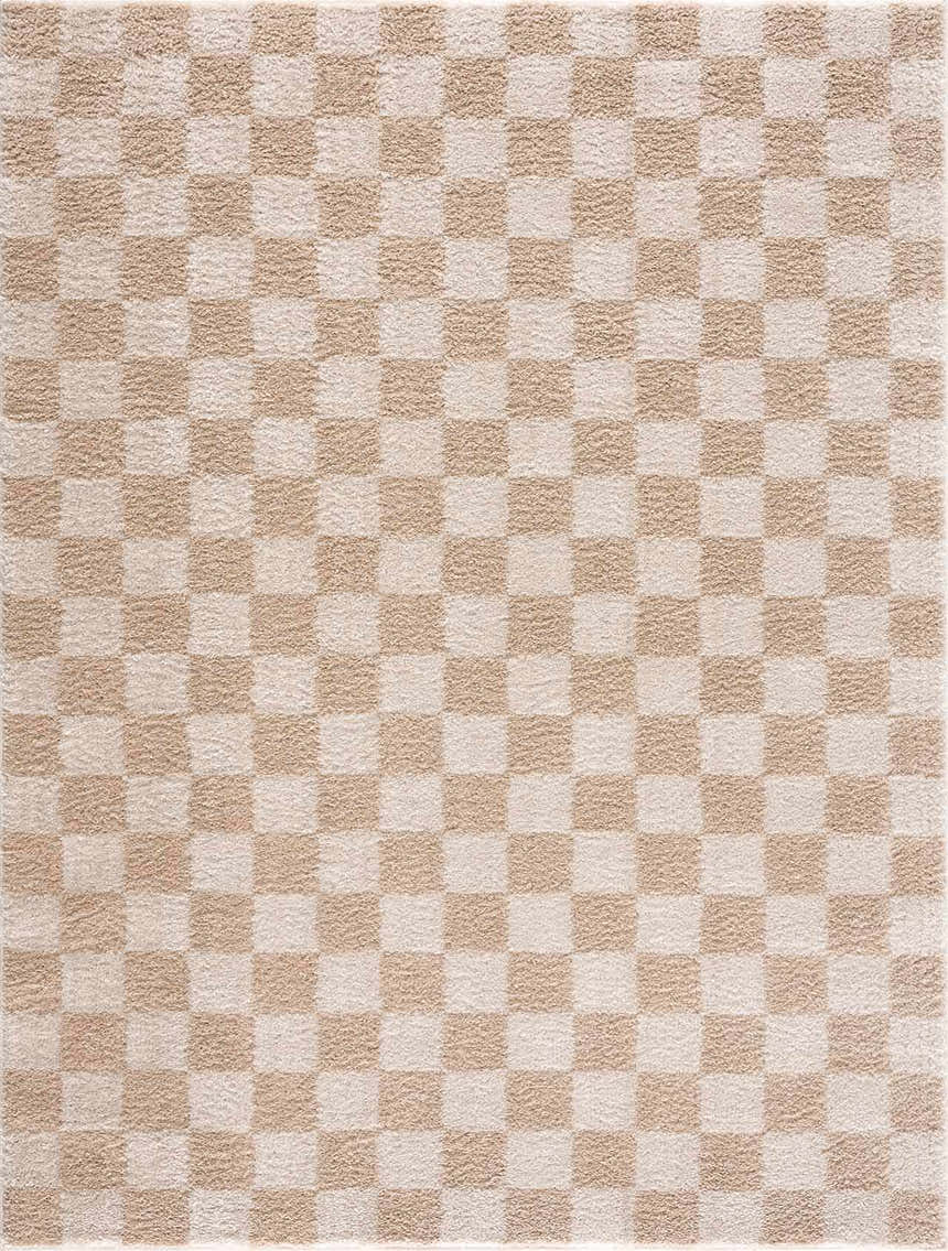 Close-up of Canika Checkered Cream Washable Area Rug. Beige and peach checkerboard pattern with a soft, textured pile. Design-Rectangle-537