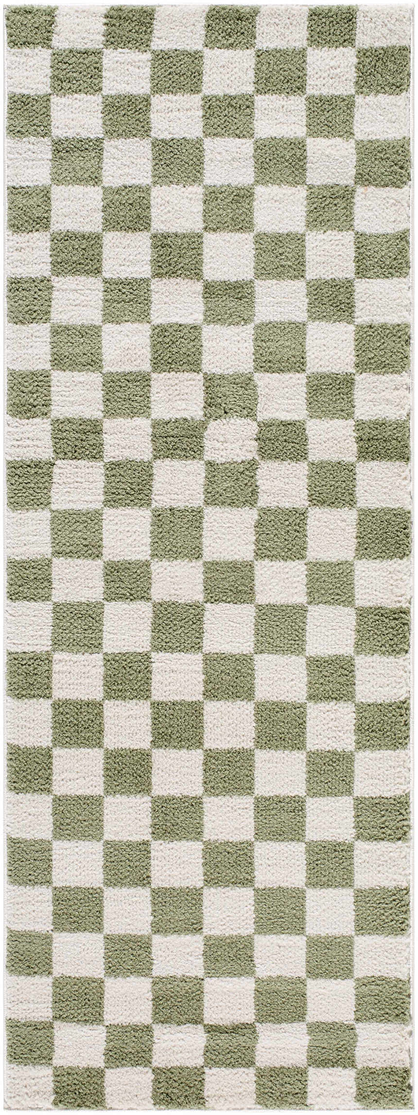 Close-up of the Canika Green Checkered Washable Plush Rug. Green and off-white checkerboard pattern with a plush texture. Design-Runner-2710