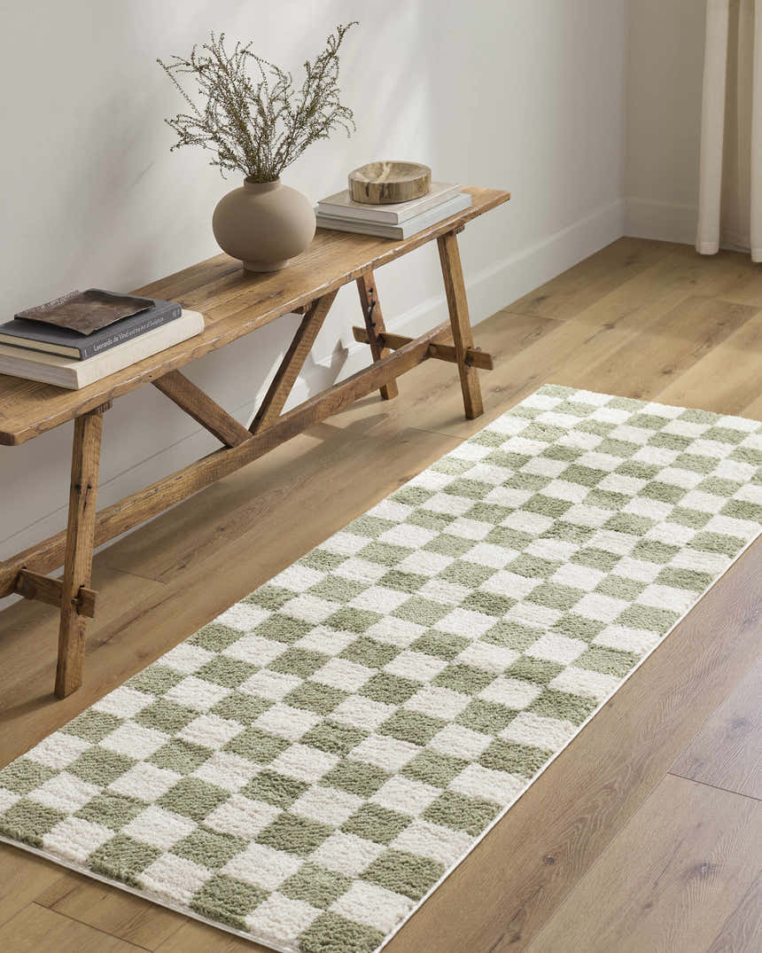 Entryway with wood bench and Canika Green Checkered Washable Plush Rug runner on wood floor. Roomscene-Runner