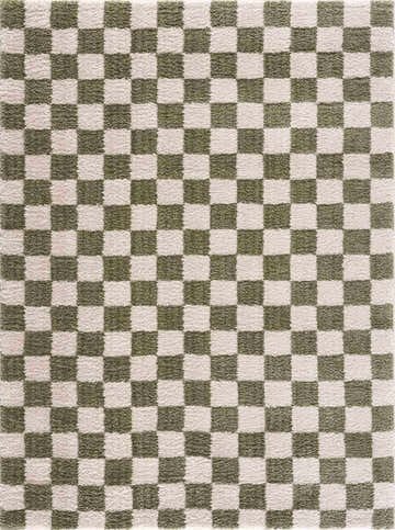 Close-up of the Canika Green Checkered Washable Plush Rug, featuring a green and off-white checkerboard pattern. Design-Rectangle-537