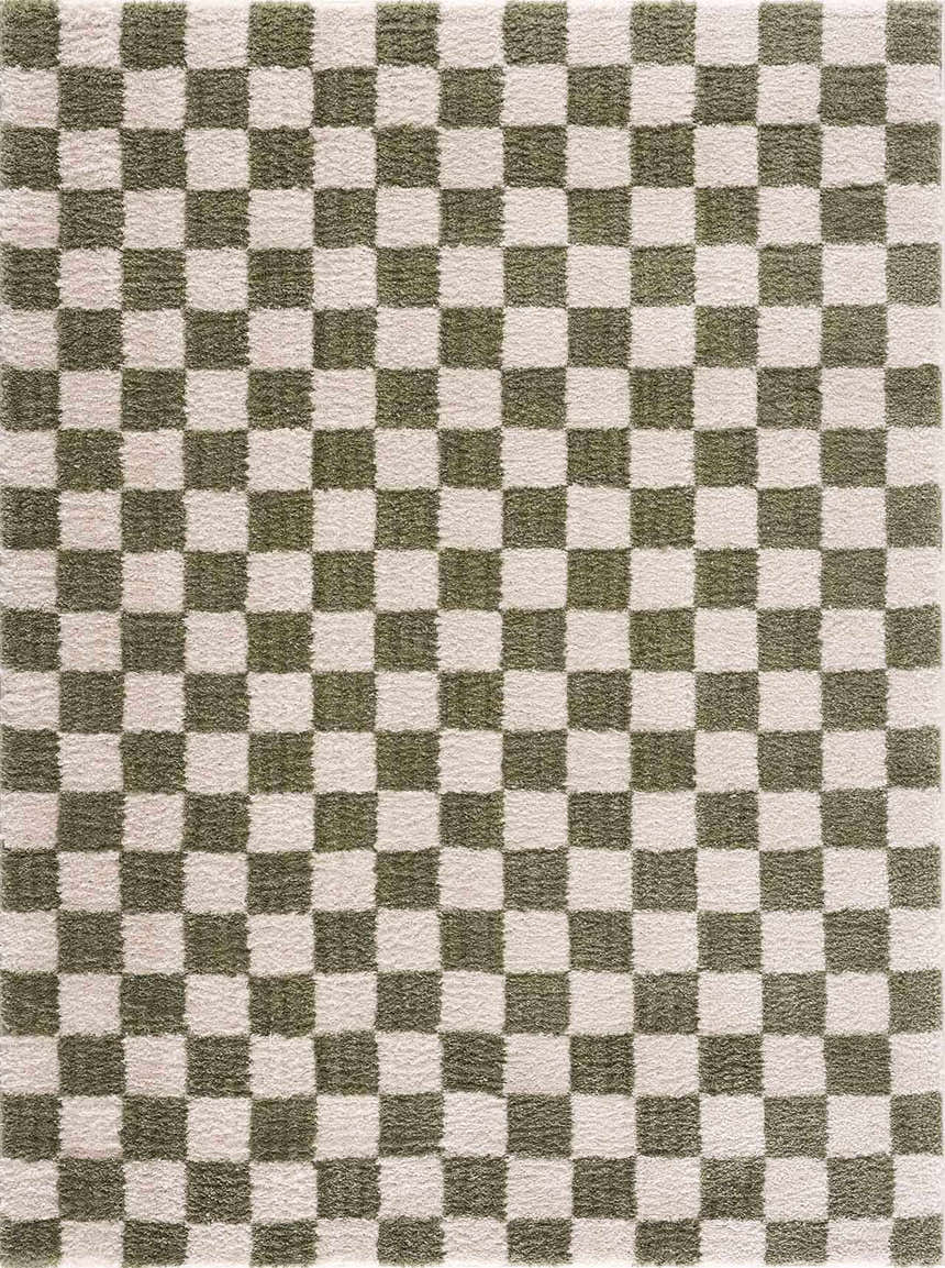 Close-up of the Canika Green Checkered Washable Plush Rug, featuring a green and off-white checkerboard pattern. Design-Rectangle-537