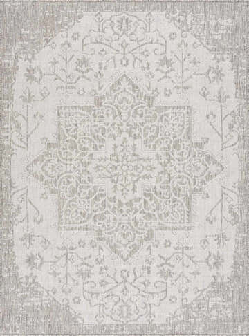Close-up of the Beige Kilmacolm Outdoor Rug, showcasing its traditional gray and beige floral pattern and woven texture. Design-Rectangle