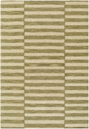 Close-up of the Idaho Broken-Striped Green Area Rug. Hand-tufted wool rug with contemporary green and beige stripes. Design-Rectangle-576