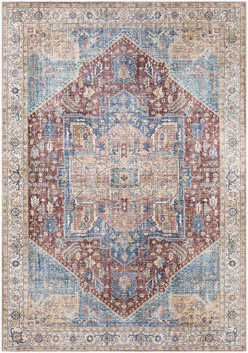 Detailed view of the Como Washable Runner Rug in blue, brick red, and beige with a traditional Persian-inspired pattern. Design-Rectangle-5373
