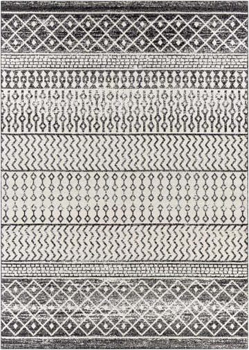Close-up of the Constantin Area Rug. Black, gray, and white geometric, bohemian-style pattern. Design-Rectangle-71011