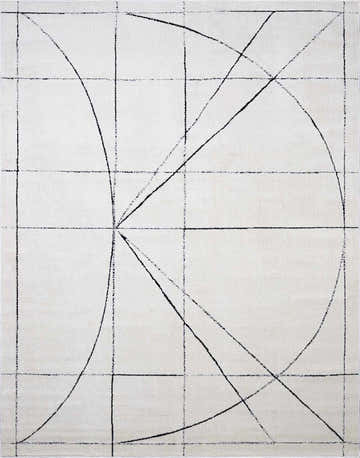Close-up of Modern Scandi Architect V Area Rug. Black lines form geometric shapes on an ivory, high pile, machine woven rug. Design-Rectangle