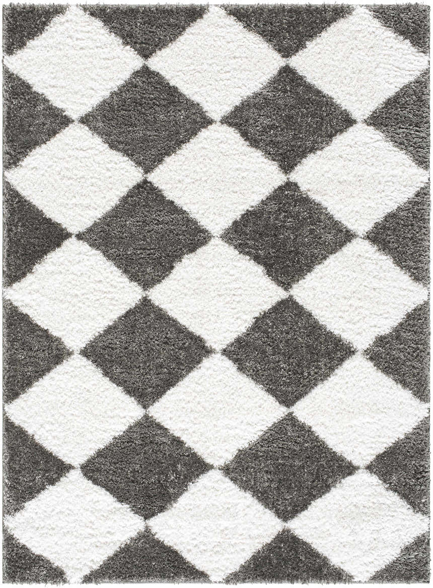 Close-up of the Celine Area Rug, a shag rug with a charcoal and cream diamond pattern. Design-Rectangle-537
