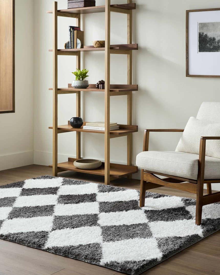Living room scene with a charcoal and cream Celine Area Rug, wood chair, and bookshelf. Roomscene-Rectangle