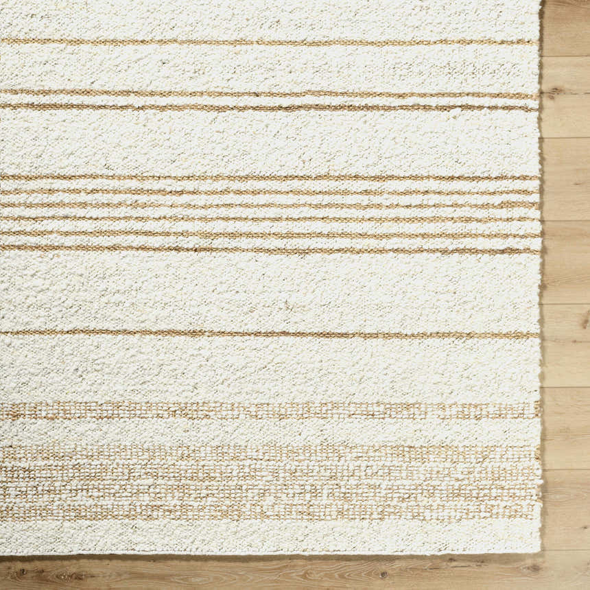 Close-up of the hand woven Ciaran Area Rug. Ivory rug with sandstone and taupe stripes, farmhouse style. Swatch
