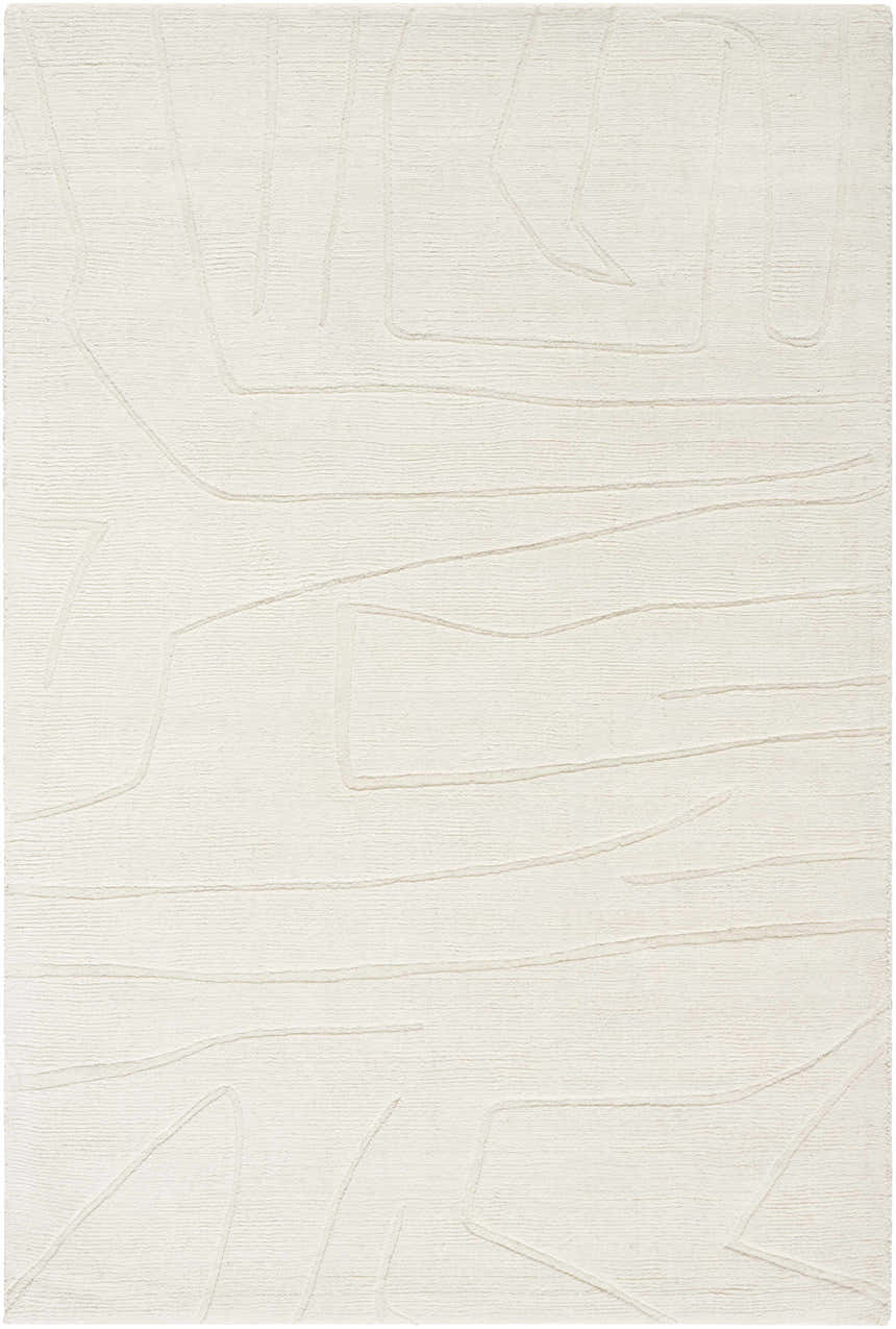Close-up of the off-white Camryn Area Rug. Hand-loomed wool rug with a subtle, contemporary geometric pattern. Design-Rectangle-57