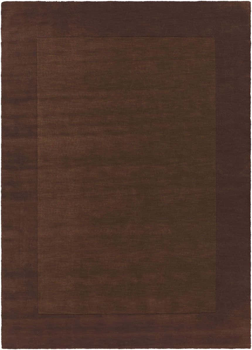 Close-up of a hand-loomed, dark brown, 100% wool, Bordered Solid Brown Wool Rug with a contemporary design. Design-Rectangle-811
