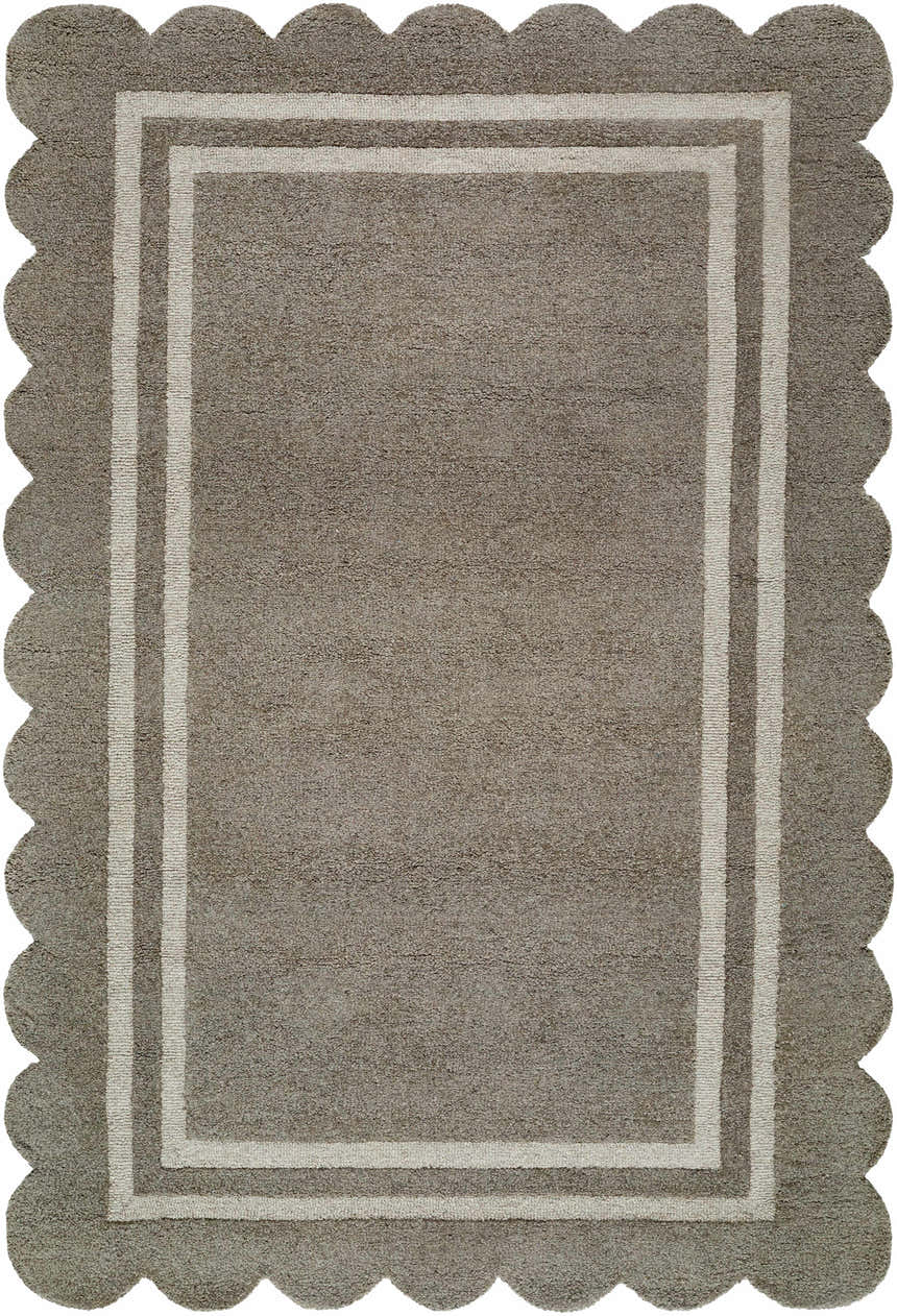 Hand-tufted Chogan Stone Gray Area Rug. Wool rug with scalloped edge and double border. Contemporary style. Design-Rectangle-576