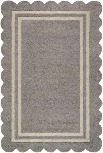 Close-up of the hand-tufted Chogan Slate Gray Area Rug. Features a scalloped edge and a double border in light gray. 100% wool. Design-Rectangle-576