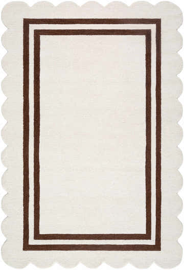 Close-up of the hand-tufted Chogan Ivory Area Rug with a brown border and scalloped edges. Design-Rectangle-576
