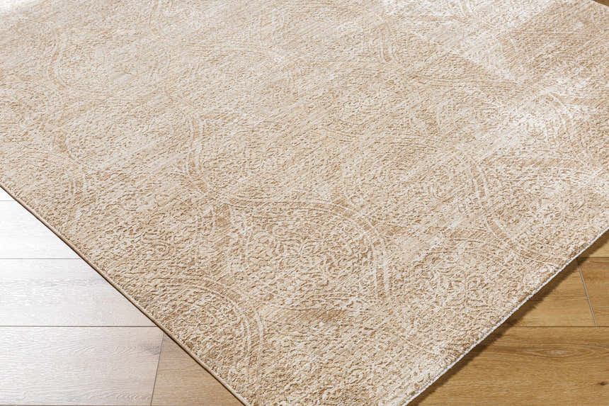 Close-up of the Cariel Beige Area Rug showing its traditional design, tan colors, and subtle circle pattern. Corner