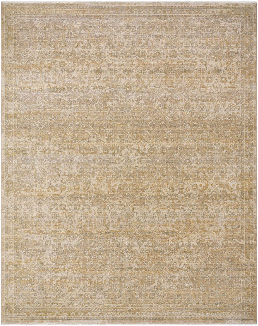 Close-up of the Becki Taupe Owens x Livabliss Renaissance Area Rug. Beige, tan, and taupe farmhouse style wool rug with traditional pattern. Design-Rectangle-710910