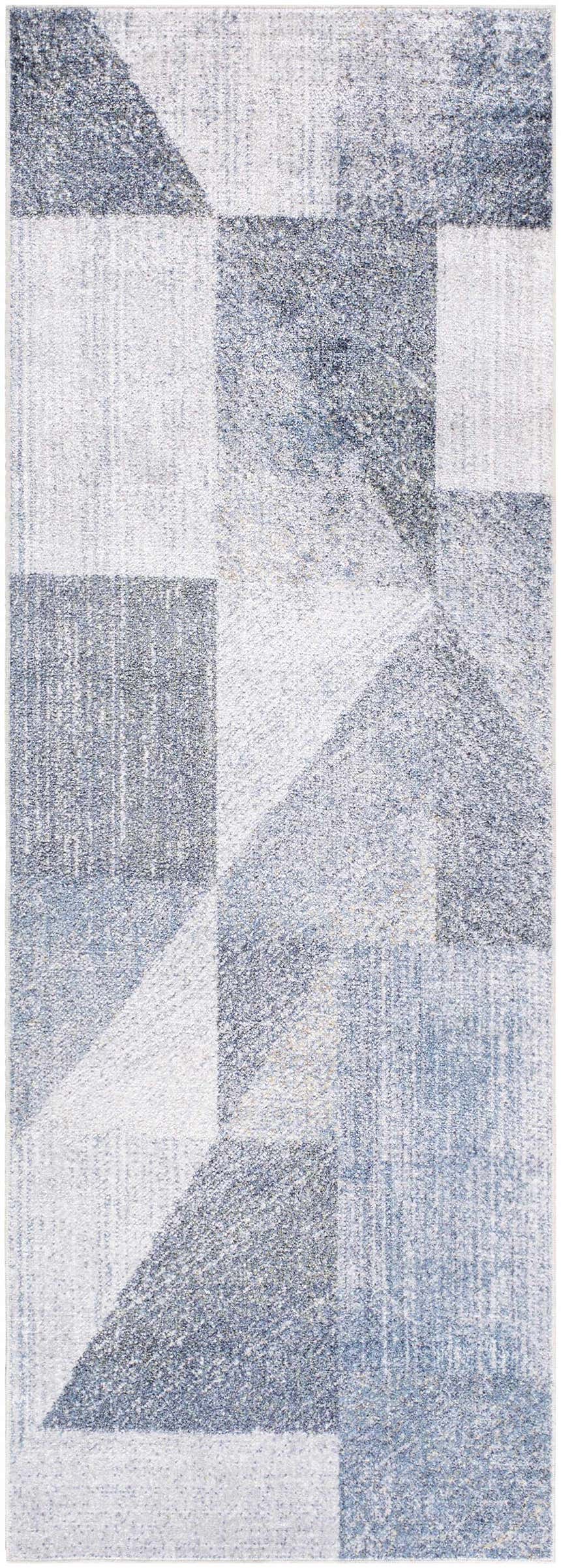 Close-up of the Chachi Washable Geometric Rug. Features a contemporary pattern in gray, light gray, and navy. Design-Runner-2773