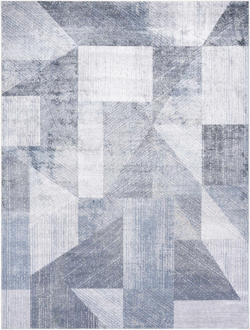 Close-up of the Chachi Washable Geometric Rug; gray, light gray, navy, and slate blue tones with a contemporary pattern. Design-Rectangle-710102