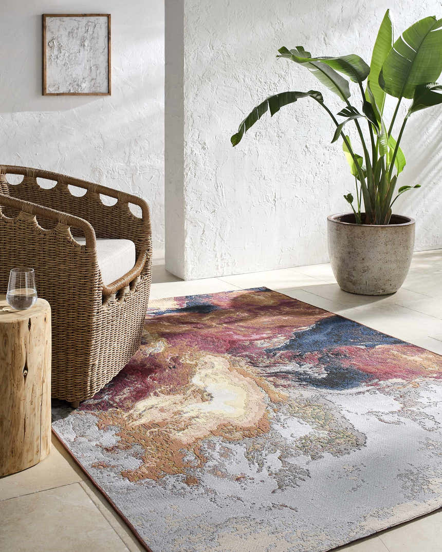Coastal bathroom scene with a Chemed Area Rug, wicker chair, wood side table, and potted plant. Roomscene-Rectangle