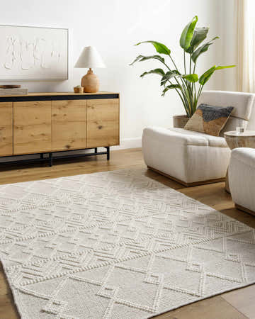 Living room scene with a Caelum White Wool-Blend Rug, light wood floors, and modern farmhouse furniture. Roomscene-Rectangle