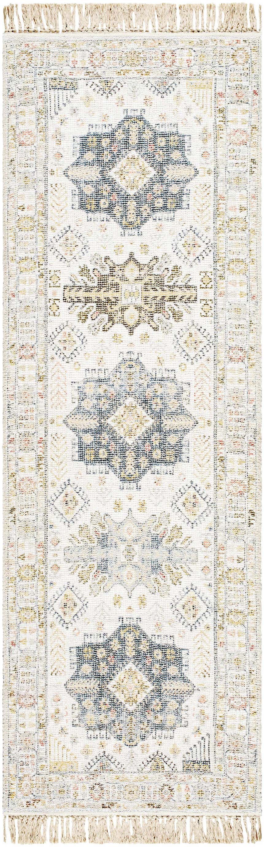 Close-up of the Chaela Ivory & Olive Area Rug. Features a farmhouse design with blush, mustard, and slate blue accents. Design-Runner-268