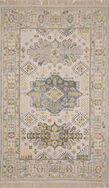 Close-up of the hand-loomed Chaela Ivory & Olive Area Rug. Farmhouse style rug with blush, mustard, and slate blue accents. Design-Rectangle