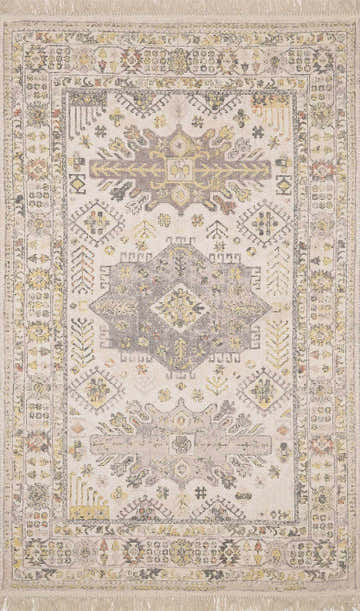 Close-up of Chaela Ivory & Lavender Area Rug. Hand-loomed cotton rug with traditional farmhouse design in ivory, lavender, mustard, and gray. Design-Rectangle