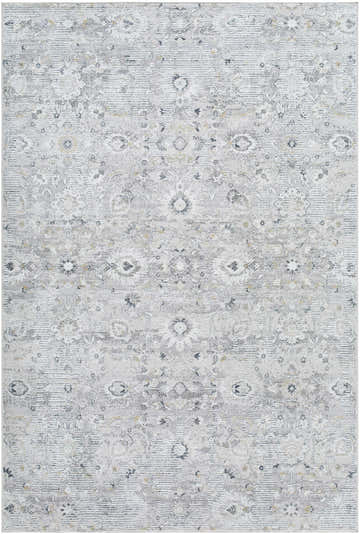 Close-up of the Cheyne Area Rug. Light silver, silver gray, and slate blue floral pattern. Traditional style. Design-Rectangle-537