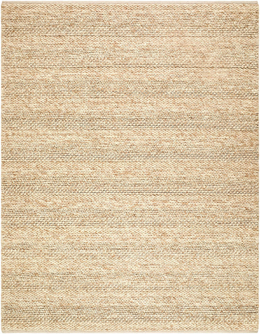 Close-up of the hand woven Ctadqe Beige Stripe Wool Area Rug, showing texture and medium brown stripes. Design-Rectangle-810